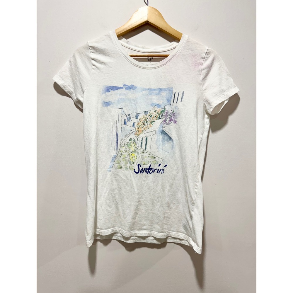 GAP Santorini Graphic T-Shirt‎ White Watercolor Greece Print Cotton Modal Medium